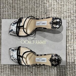 Jimmy Choo Black and White Snake-Print Strappy Slide Heels